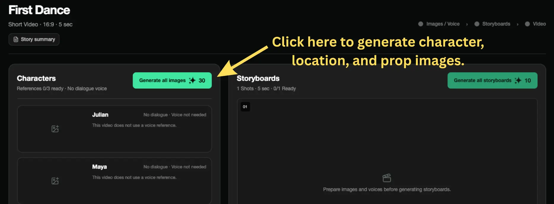 Character, place, and prop image generation screen