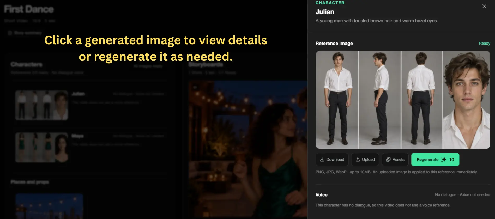 Generated character image detail and regeneration screen