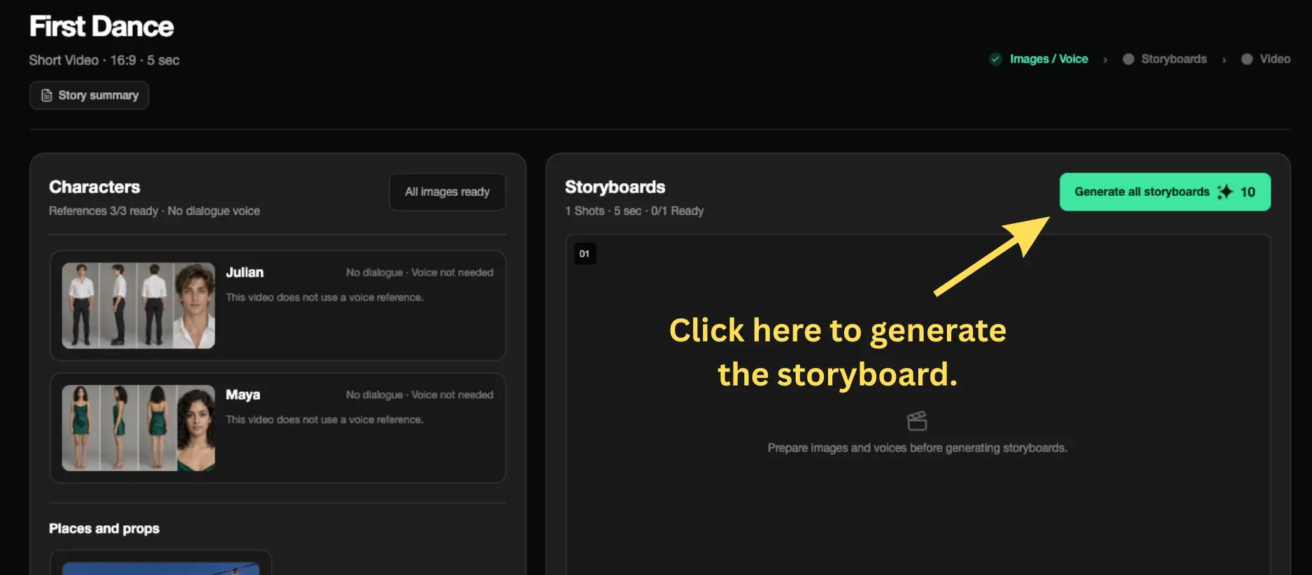 Short Video Studio storyboard generation screen