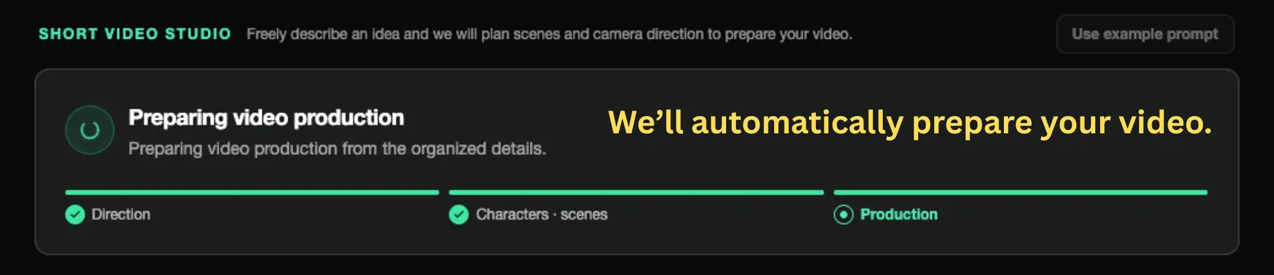 Short Video Studio production preparation screen